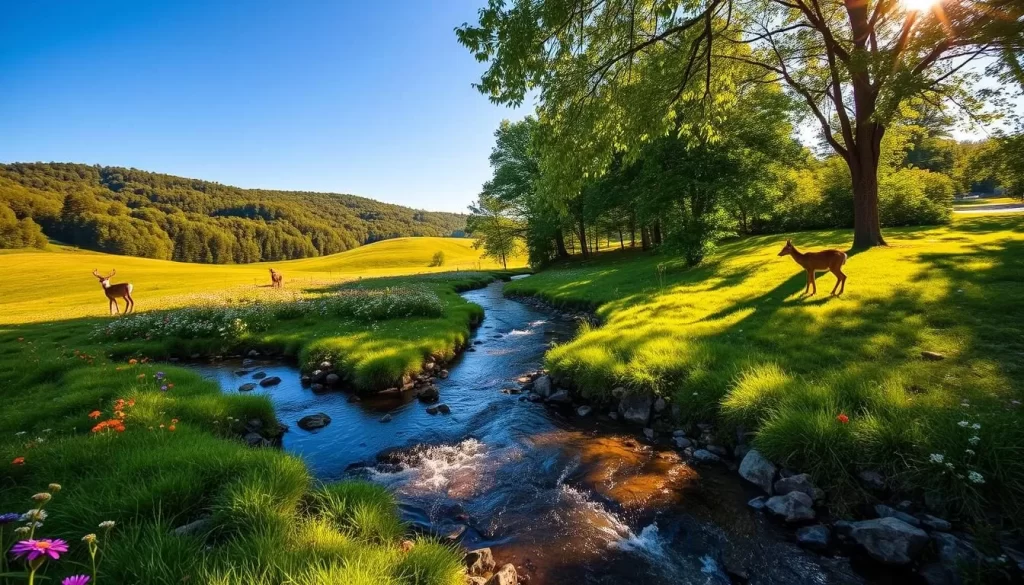 A sun-dappled scene of Conanicut Island's lush natural beauty, captured in a wide-angle lens. Verdant meadows and wooded slopes stretch into the distance, dotted with colorful wildflowers. In the foreground, a babbling brook winds its way through the landscape, its gentle current reflecting the azure sky above. A diversity of local wildlife - from graceful deer to vibrant songbirds - inhabits this idyllic setting, creating a harmonious symphony of natural sounds. The warm, golden light filters through the canopy, casting a soft, inviting glow over the entire scene. This serene and captivating image encapsulates the essence of Jamestown's picturesque natural splendor.