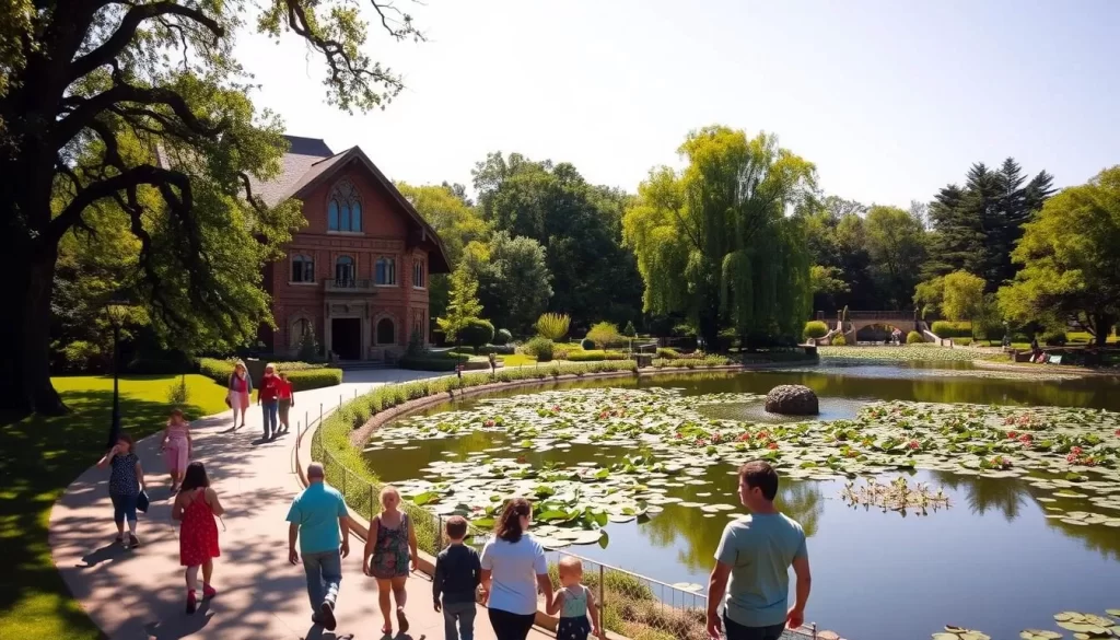 A sun-dappled scene of Lincoln Park Zoo in Chicago, with lush greenery and towering trees lining the pathways. In the foreground, families stroll by the historic Kovler Lion House, its intricate brick facade basking in warm afternoon light. In the middle ground, the picturesque Alfred Caldwell Lily Pool reflects the surrounding foliage, creating a serene and tranquil atmosphere. In the background, the iconic North Pond and its wildlife habitat come into view, inviting visitors to explore the park's natural wonders. The overall scene conveys a sense of leisure, education, and connection with the city's rich history and natural beauty.