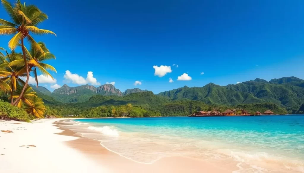 A sun-dappled scene of New Caledonia's lush, verdant landscapes. In the foreground, a pristine white sand beach kissed by gentle azure waves, palm trees swaying in a light breeze. The middle ground reveals a panorama of rugged, jungle-clad mountains, their peaks piercing the clear, azure sky. In the distance, a traditional Kanak village nestled amongst the verdant foliage, its thatched-roof huts glowing warmly in the golden afternoon light. The overall mood is one of tranquility, inviting the viewer to imagine the perfect weather-savvy getaway for any type of traveler.