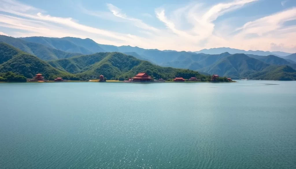 A sun-dappled scene of Sun Moon Lake, Taiwan, nestled amid verdant hills. In the foreground, the tranquil waters reflect the azure sky and wispy clouds. Gently sloping banks lead to a middle ground dotted with traditional wooden pavilions and red-roofed structures. The background features lush, rolling mountains draped in a soft haze, creating a serene and picturesque landscape. Capture the scene with a wide-angle lens to convey the expansive beauty of this natural wonder, bathed in warm, golden sunlight that lends a peaceful, idyllic atmosphere.