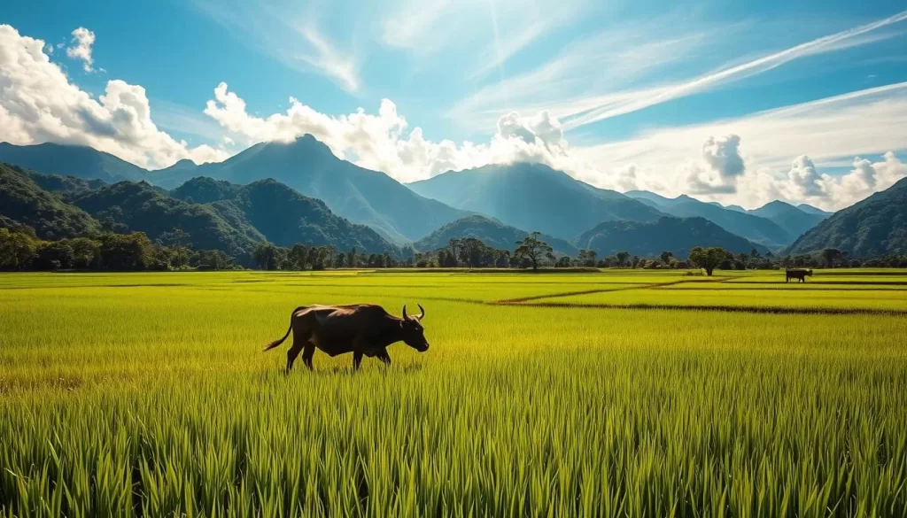 A sun-dappled scene of Yunli County in the height of summer. In the foreground, lush green rice paddies sway gently in a warm breeze. Towering mountains rise majestically in the background, their peaks shrouded in wispy clouds. A lone farmer guides a water buffalo through the shimmering fields, their tranquil movements capturing the leisurely pace of rural life. The sky is a brilliant azure, with fluffy white clouds drifting lazily overhead. Warm, golden light filters through the verdant foliage, casting a soft, romantic glow over the entire landscape. Capture the serene beauty and timeless charm of a summer day in this picturesque corner of Taiwan.