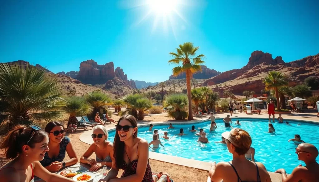 A sun-dappled scene of summer activities in the desert landscape of Nevada. In the foreground, a group of friends enjoying a picnic, their laughter and joy captured in natural light. In the middle ground, a sparkling turquoise swimming pool surrounded by lush palm trees, people cooling off on a hot day. The background reveals rugged red rock formations and a clear azure sky, creating a tranquil and serene atmosphere. The overall mood is one of relaxation, adventure, and the embrace of the warm Nevada summer.
