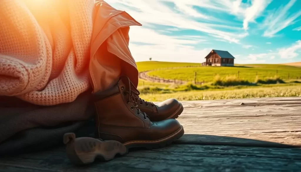 A sun-dappled scene unfolds, capturing the essence of Kansas weather. In the foreground, a neatly folded collection of warm layers - a cozy sweater, a windbreaker, and a sturdy pair of boots. The middle ground showcases a lush, rolling landscape, with verdant fields and a lone, weathered barn in the distance. The background is painted with a vibrant azure sky, dotted with wispy clouds that cast gentle shadows across the scene. The lighting is natural and inviting, conveying a sense of tranquility and ease. Capture the versatility of Kansas weather with this image, ready to guide travelers on their weather-savvy journeys.