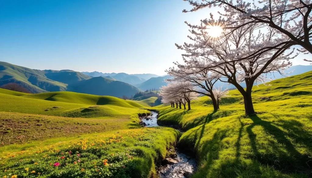 A sun-dappled spring day in the lush hills of South Chungcheong Province, South Korea. Rolling green meadows dotted with vibrant wildflowers, framed by the gentle slopes of distant mountains. A small stream winds its way through the landscape, its glistening waters reflecting the azure sky above. Soft, diffused light filters through the canopy of blooming cherry trees, casting a warm, golden glow over the serene scene. A peaceful, idyllic atmosphere, capturing the natural beauty and tranquility of this picturesque region during its most temperate season.