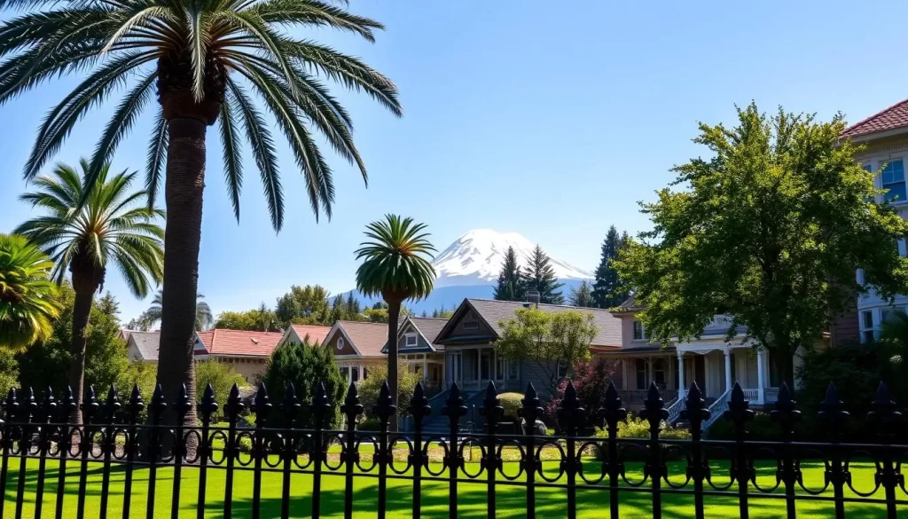 A sun-dappled street in Portland, Oregon, with stately Victorian homes adorned with lush gardens. In the foreground, a wrought-iron fence frames a lush, verdant lawn. Towering palm trees sway gently in the cool breeze, casting soft shadows across the scene. In the middle ground, a picturesque row of historic buildings with terracotta roofs and pastel facades, reminiscent of a Mediterranean village. The background is dominated by the majestic silhouette of Mount Hood, its snow-capped peak rising majestically against a cloudless azure sky. The overall atmosphere is one of tranquility and warmth, perfectly capturing the essence of Portland's unique Mediterranean climate.