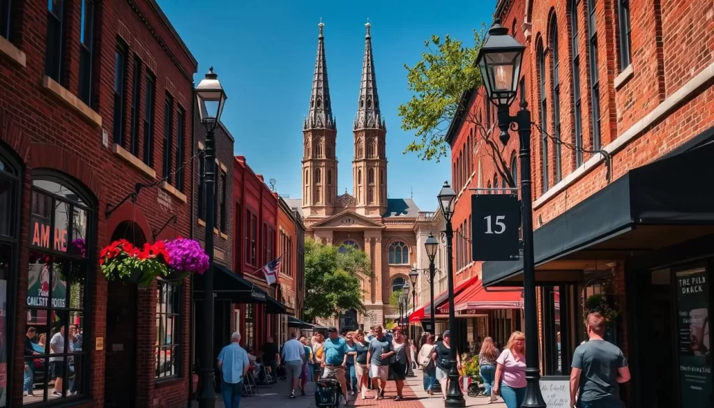 A sun-dappled street in the charming Old Market district of Omaha, Nebraska. Quaint brick buildings line the sidewalks, their facades adorned with vibrant flower baskets and twinkling string lights. Vintage lamp posts cast a warm glow, illuminating the lively crowd of locals and visitors strolling past boutiques, cafes, and independent shops. In the background, the iconic spires of the Douglas County Courthouse tower above, a symbol of Omaha's rich history. The scene radiates a sense of community, nostalgia, and the welcoming spirit that captures the essence of this Midwestern gem.