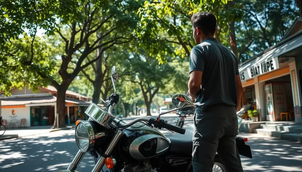 A sun-dappled street in the charming town of Pai, Northern Thailand. In the foreground, a sleek and shiny motorbike awaits its rider, its chrome accents gleaming in the soft light. The rider, dressed in casual attire, stands beside the bike, preparing to embark on an adventurous journey through the winding roads and lush, rolling hills that define this idyllic region. In the middle ground, local shops and cafes line the street, their vibrant facades adding color and character to the scene. The background is filled with the verdant foliage of tropical trees, casting gentle shadows and creating a serene, welcoming atmosphere. The overall mood is one of excitement and exploration, perfectly capturing the spirit of discovering Pai by motorbike.