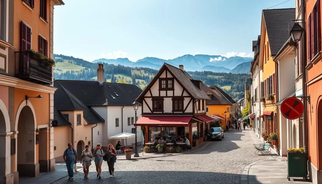 A sun-dappled street in the picturesque town of Feldkirch, Austria, with charming Baroque architecture lining the cobblestone path. In the foreground, a group of travelers strolling leisurely, taking in the sights and sounds of the historic city. In the middle ground, a quaint café with outdoor seating, where locals and visitors sip coffee and enjoy the vibrant atmosphere. The background is framed by verdant hills and the majestic Alps, creating a serene and breathtaking vista. Warm, diffused lighting bathes the scene, evoking a sense of tranquility and timelessness. Capture this idyllic European travel experience through a wide-angle lens, conveying the harmony between the built environment and the natural landscape.