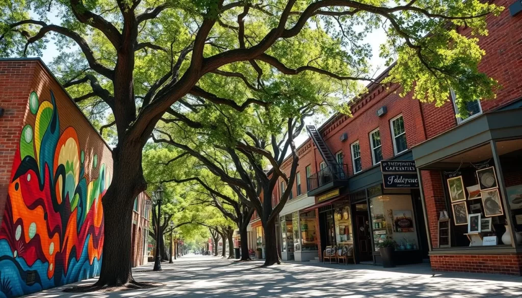 A sun-dappled street in the quaint town of Bellevue, Iowa, showcasing a vibrant, eclectic collection of local art. In the foreground, a large mural adorns the side of a brick building, its bold colors and intricate brushstrokes capturing the essence of the community. Framing the scene, a line of independent art galleries and craft shops stand along the sidewalk, their windows displaying an array of handmade ceramics, paintings, and sculptures. Towering oak trees cast gentle shadows over the scene, and a soft breeze rustles the leaves, creating a serene and inviting atmosphere. The image is captured with a wide-angle lens, allowing the viewer to fully immerse themselves in the charming, artistic ambiance of this Midwest town.