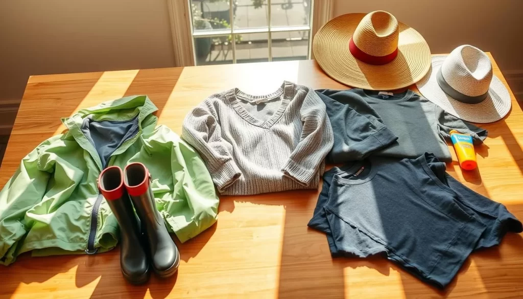 A sun-dappled table adorned with various weather-appropriate clothing items for a Louisiana trip. In the foreground, a lightweight rain jacket, umbrella, and galoshes hint at the region's frequent showers. The middle ground showcases versatile layers like a cozy sweater, long-sleeved shirt, and breathable t-shirt, reflecting the state's temperate climate. In the background, a wide-brimmed hat and sunscreen allude to the warm, sunny days. Soft, natural lighting illuminates the scene, creating a welcoming and practical atmosphere for planning a weather-savvy Louisiana adventure.