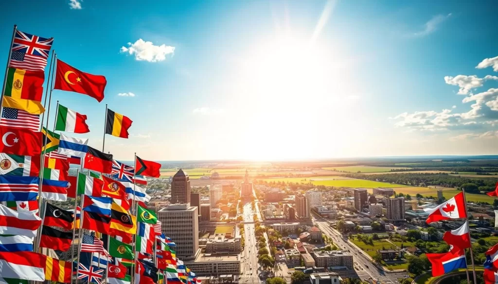 A sun-dappled tableau of linguistic diversity in Kansas, captured through an artful lens. In the foreground, a vibrant mosaic of international flags, each representing a prominent non-English language spoken across the state. The middle ground features a bustling city scene, its towering skyscrapers and bustling streets a testament to the cultural richness of the region. In the background, rolling prairies and verdant landscapes, evoking the rural heart of Kansas. The lighting is soft and warm, creating a sense of welcoming and inclusion. Rendered in a realistic, cinematic style, the image conveys the harmonious coexistence of various linguistic communities within the state.