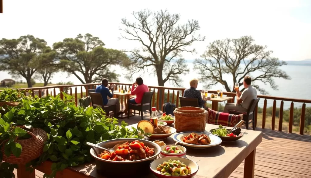 A sun-dappled terrace overlooking the serene waters of Lake Naivasha, Kenya. The foreground features a rustic wooden table set with vibrant local dishes - steaming ugali, simmering stew, and fresh salads. Surrounding the table, lush greenery spills over woven baskets and colorful fabrics. In the middle ground, guests dine al fresco, sipping chilled drinks and enjoying the tranquil lakeside ambiance. The background reveals the majestic silhouettes of acacia trees against a soft blue sky, their branches swaying gently in the breeze. The scene is bathed in warm, golden sunlight, creating a cozy, inviting atmosphere perfect for savoring the flavors of Kenyan cuisine.