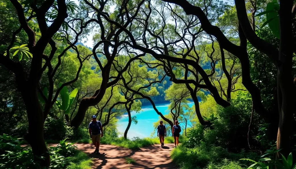 A sun-dappled trail winding through lush, verdant foliage of Similajau National Park in Malaysia. Towering trees with twisted, gnarled trunks frame the path, their branches casting playful shadows on the ground. In the distance, a glimpse of a pristine, turquoise-colored river reflecting the azure sky above. Hikers, dressed in comfortable attire, explore the serene landscape, immersed in the tranquil ambiance of this natural haven. Warm, diffused lighting illuminates the scene, creating a sense of peaceful exploration and discovery. Capture the essence of this captivating destination, where nature's beauty shines in all its glory.