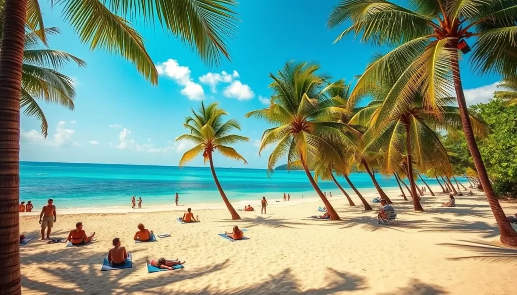 A sun-dappled tropical beach on the Andaman Islands, during the shoulder season of April-May. Lush palm trees sway gently in the warm breeze, as beachgoers lounge on the golden sand, enjoying the pleasantly mild weather. In the distance, the cerulean waters of the Andaman Sea glisten, inviting visitors to explore its pristine reefs and marine life. The scene radiates a sense of tranquility and relaxation, capturing the ideal time to visit the islands before the peak tourist season arrives.