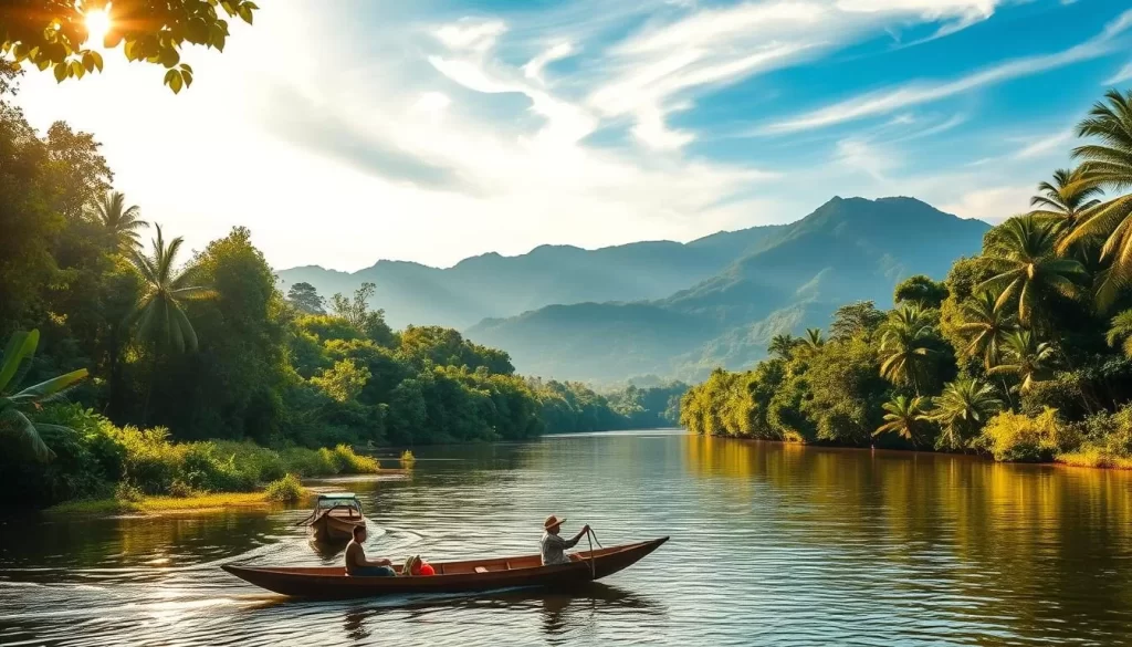 A sun-dappled tropical landscape on Borneo island, with a serene river winding through lush, verdant rainforest. In the foreground, a traditional wooden longboat glides peacefully across the water, its passengers taking in the tranquil scene. Overhead, wispy clouds drift across a bright, azure sky, casting gentle shadows on the forest canopy. The warm, golden light filters through the leaves, creating a soft, inviting atmosphere. In the distance, majestic, mist-shrouded mountains rise up, hinting at the adventure and natural wonders that await the intrepid traveler. This idyllic setting captures the perfect timing to visit Borneo, when the weather is mild, the wildlife is active, and the rhythms of daily life in this enchanting corner of Malaysia are at their most serene.