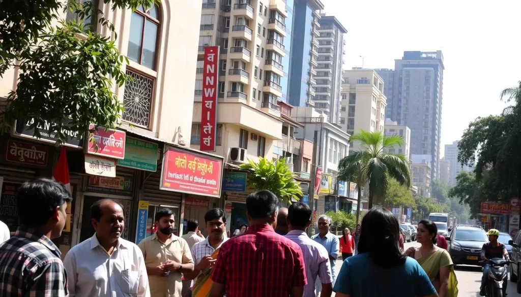 A sun-dappled urban street in Bengaluru, Karnataka, India. The foreground features a group of people engaged in animated conversation, their gestures and expressions conveying the lively exchange of ideas. In the middle ground, a bustling sidewalk lined with small businesses, their storefronts adorned with vibrant signage in multiple scripts, including English, Kannada, and Hindi. The background showcases the city's distinctive architectural blend of colonial and modern styles, with gleaming high-rises and historic buildings coexisting in harmony. The overall scene radiates a sense of cosmopolitan energy and linguistic diversity, capturing the essence of English usage in the dynamic, multilingual landscape of Karnataka.