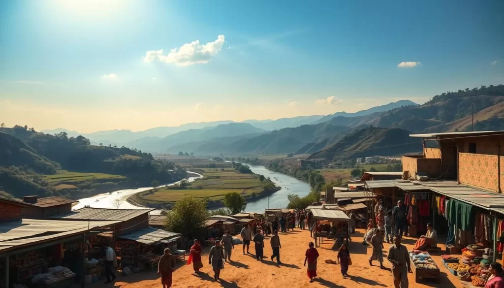 A sun-dappled village in Chhattisgarh's rolling hills, teeming with vibrant life. In the foreground, locals navigate bustling market stalls, their colorful garments and wares spilling out onto the dusty streets. A meandering river cuts through the lush landscape, its tranquil waters reflecting the towering mountains in the distance. Overhead, a cerulean sky is punctuated by the occasional wisp of cloud, casting a gentle glow over the scene. The air is thick with the aroma of spices and the laughter of children at play. This is the essence of summer travel in Chhattisgarh - a feast for the senses, where the heat of the day gives way to the serenity of the evening.