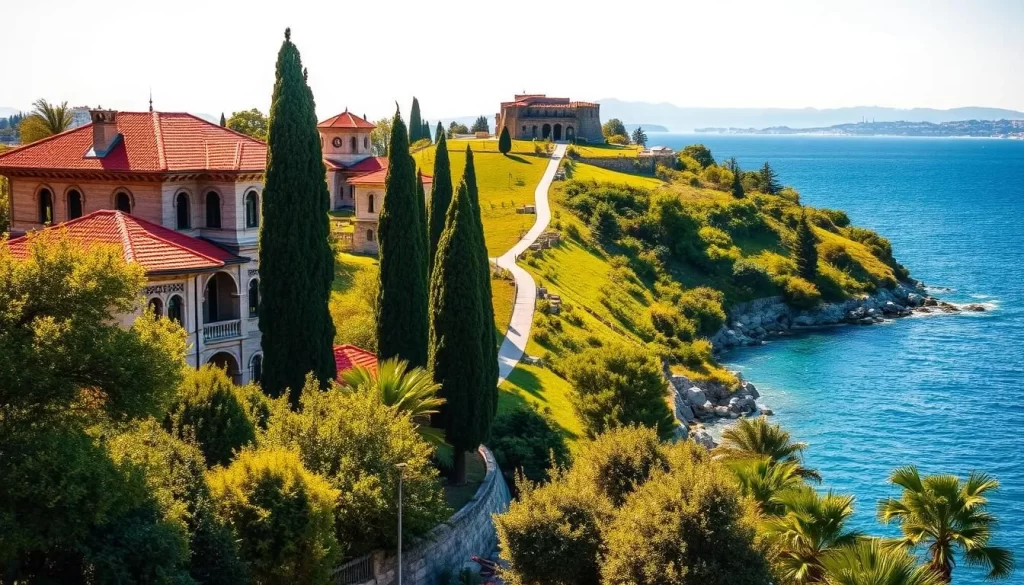A sun-dappled vista of Kinaliada Island, Turkey, bathed in warm, golden light. In the foreground, a historic Ottoman-era mansion stands tall, its intricate architecture and vibrant red-tiled roof commanding attention. In the middle ground, lush greenery and towering cypress trees frame a winding path leading up to the island's hilltop fortress, a reminder of its strategic importance throughout history. The background reveals the sparkling blue waters of the Marmara Sea, with distant silhouettes of the Asian side of Istanbul on the horizon. The scene exudes a sense of timeless tranquility, inviting the viewer to embark on a journey through Kinaliada's rich, centuries-old history.