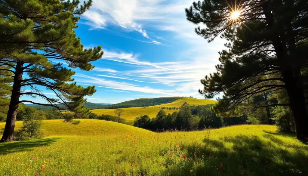 A sun-dappled vista of a lush, verdant landscape in South Carolina. In the foreground, a rolling meadow dotted with vibrant wildflowers sways gently in a gentle breeze. Towering pine trees frame the scene, their branches casting dappled shadows on the ground below. In the distance, the silhouette of a gently sloping hill rises up, its contours softened by the warm, golden light of a late afternoon sun. The sky above is a brilliant shade of blue, with wispy clouds drifting lazily overhead. The overall mood is one of tranquility and natural beauty, perfectly capturing the essence of South Carolina's favorable seasonal climate.