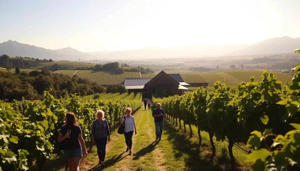 A sun-dappled wine farm nestled in the verdant hills of Stellenbosch, South Africa. In the foreground, a group of friends leisurely stroll through rows of grapevines, pausing to admire the lush foliage and the distant mountains. The middle ground features a charming winery building with a terrace, where other visitors sip on glasses of robust red wine. In the background, rolling vineyards stretch out as far as the eye can see, bathed in the warm glow of the afternoon sun. The scene exudes a sense of tranquility and indulgence, capturing the essence of a unique wine farm experience beyond the typical tasting.