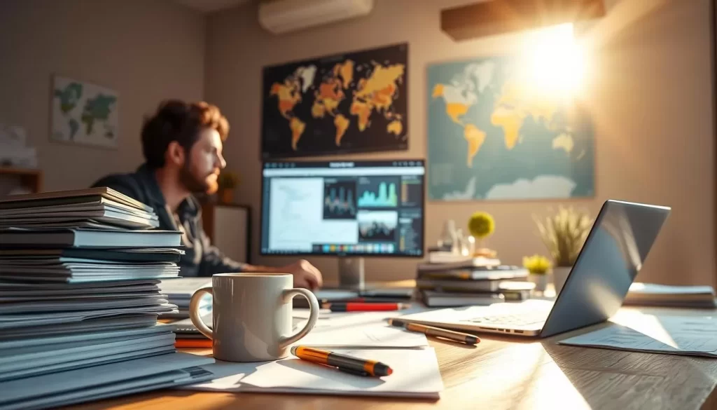 A sun-dappled workspace, a desk scattered with papers, pens, and a laptop. In the foreground, a stack of books and a mug of steaming coffee, hinting at the diligent study of language data. The middle ground reveals a large monitor displaying visualizations and graphs, the screen's glow illuminating the focused face of a researcher. In the background, a world map hangs on the wall, a testament to the global reach of language and communication. Soft, warm lighting filters through the window, creating a cozy, productive atmosphere. The scene conveys the passion and attention to detail involved in analyzing and understanding linguistic information.