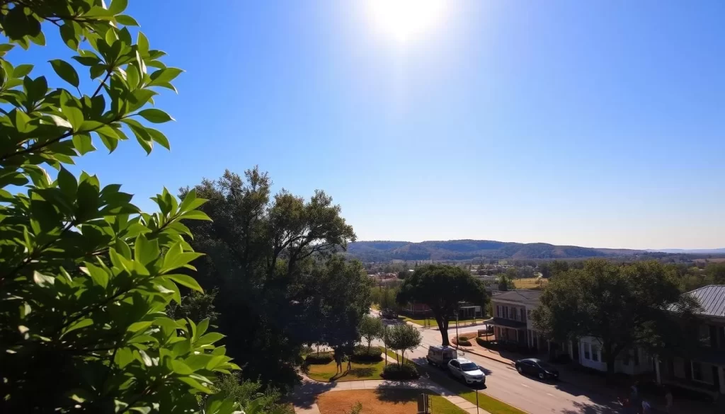A sun-drenched Georgian landscape on a sweltering summer day. In the foreground, lush green foliage casts dappled shadows, a gentle breeze rustling the leaves. The middle ground reveals a quaint Southern town, its historic buildings bathed in warm, golden light. In the distance, rolling hills undulate under a cloudless azure sky, the air shimmering with the heat. Tall pecan trees line the streets, their branches offering respite from the scorching temperatures. Locals stroll leisurely, seeking refuge in the shade, while the aroma of peach cobbler and sweet tea wafts through the air, perfectly capturing the essence of a sultry Georgian summer.