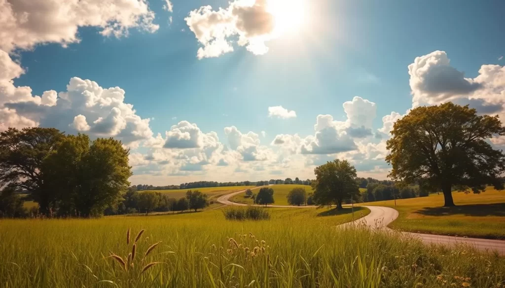 A sun-drenched Iowan summer landscape, with fluffy cumulus clouds dotting the azure sky. In the foreground, a lush, verdant field of swaying prairie grasses and wildflowers. A winding country road meanders through the scene, lined with towering oak and maple trees in full foliage. In the distance, the silhouettes of low, rolling hills stretch out towards the horizon. Warm, golden light filters through the leaves, casting a soft, diffused glow over the entire tableau. The air is thick with the scent of blooming flowers and the faint rumble of approaching thunderstorms in the distance, hinting at the dramatic weather to come.