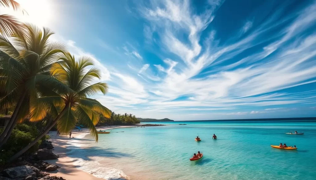 A sun-drenched Micronesian paradise, a lush tropical landscape bathed in golden light. Swaying palm trees frame the azure waters of a pristine beach, gentle waves lapping at the shore. In the middle ground, locals engage in vibrant outdoor activities - snorkeling, kayaking, and beach sports. The sky overhead is a breathtaking blend of wispy clouds and deep blue, creating a sense of tranquility and adventure. The overall mood is one of warmth, leisure, and immersion in the natural beauty of this island nation. Captured with a wide-angle lens to convey the expansive, breathtaking scenery.