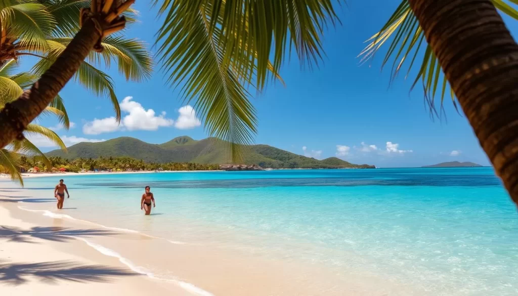 A sun-drenched Nauru beach, with crystal-clear azure waters gently lapping against the fine, golden sand. Palm trees sway in the warm, tropical breeze, casting soft shadows across the serene scene. In the foreground, a few people leisurely wade in the shallow waters, enjoying the perfect swimming conditions. The middle ground reveals a picturesque beachfront, dotted with colorful umbrellas and lounge chairs, inviting visitors to relax and soak up the idyllic atmosphere. The background showcases the lush, verdant hills that envelope the coastline, creating a stunning natural backdrop. Warm, diffused lighting bathes the entire landscape, evoking a sense of tranquility and rejuvenation.