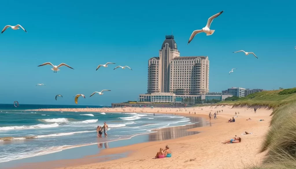 A sun-drenched Ostend beach on the Belgian North Sea coast. Towering seagulls soar over the pristine golden sands, as beachgoers bask in the warm summer rays. The iconic Art Deco-style Thermae Palace Hotel stands tall in the background, its striking architecture reflected in the gentle waves lapping at the shore. Families play in the shallow waters, while kite surfers dance across the turquoise blue expanse. Lush green dunes border the scene, offering a tranquil respite from the vibrant seaside activity. A serene and picturesque portrayal of Belgium's premier coastal destination.