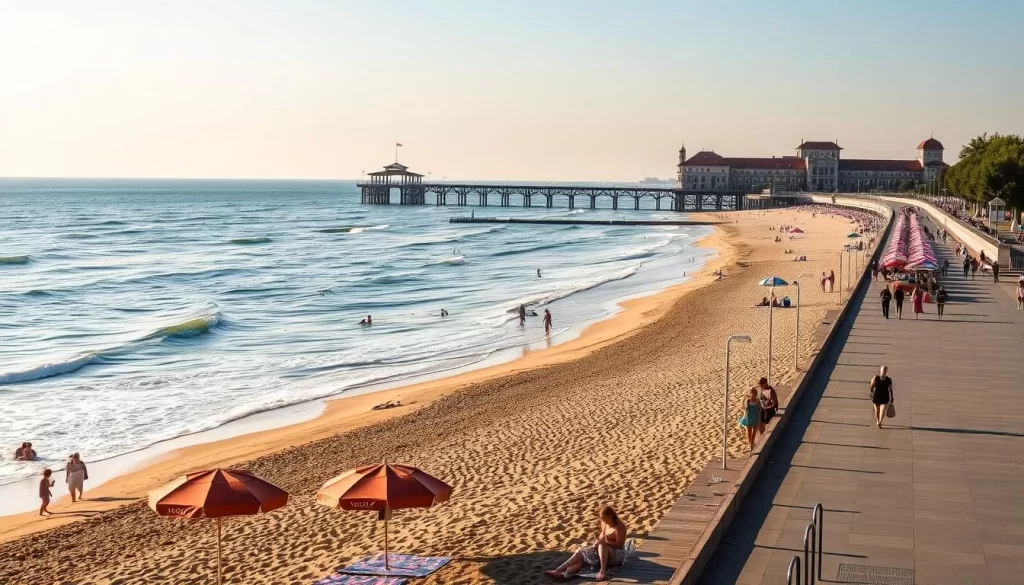 A sun-drenched afternoon on the sandy shores of Sopot Beach, Poland. Gentle waves caress the coastline as people stroll along the elegant promenade, taking in the picturesque scenery. In the foreground, colorful umbrellas and beach towels dot the landscape, while in the middle ground, swimmers and sunbathers bask in the warm, golden light. The background features the distinctive silhouette of the Sopot Pier, its wooden structure extending gracefully into the Baltic Sea. The overall atmosphere is one of relaxation and tranquility, inviting visitors to unwind and soak in the natural beauty of this coastal gem.