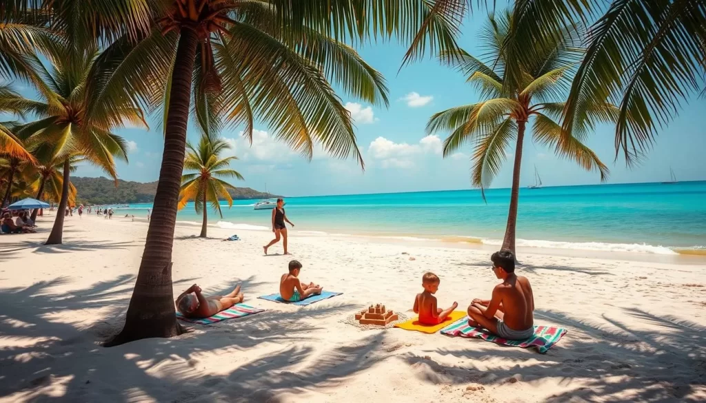 A sun-drenched beach in Terengganu, Malaysia, with soft white sand and gently lapping waves. In the foreground, a family relaxes on colorful beach towels, building sandcastles and playing in the shallow water. The middle ground features swaying coconut palms casting dappled shadows, and a few beachgoers strolling along the shore. The background showcases the clear turquoise sea meeting the horizon, with a few sailboats dotting the calm surface. The scene is bathed in warm, golden light, creating a serene and inviting atmosphere perfect for a family-friendly day by the coast.