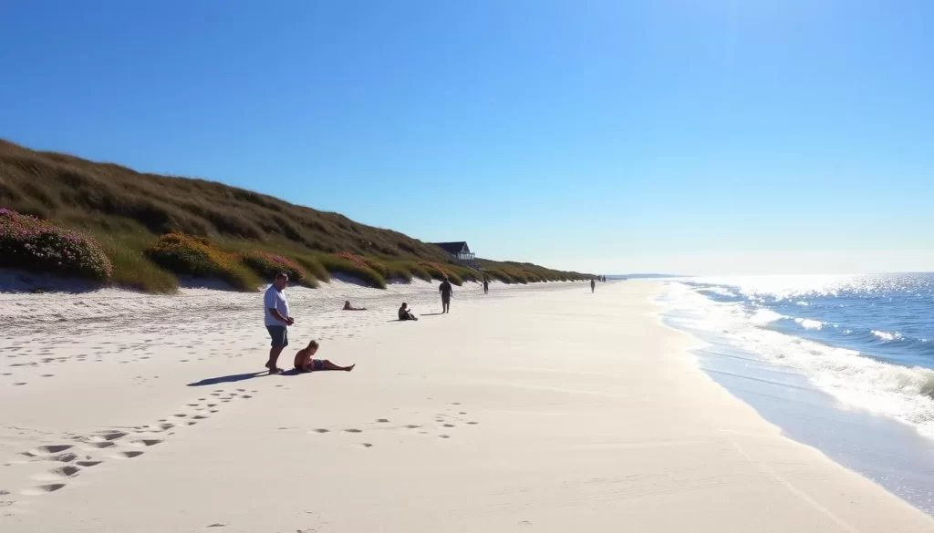 A sun-drenched beach on Dauphin Island, Alabama, with fine white sand and gentle waves lapping the shore. In the foreground, a few beachgoers enjoy the tranquil scene, their silhouettes casting long shadows on the sand. The middle ground features a row of coastal dunes, their grassy slopes dotted with colorful wildflowers. In the background, a clear blue sky frames the horizon, where the azure waters of the Gulf of Mexico meet the distant land. The scene is bathed in a warm, golden light, creating a serene and inviting atmosphere that captures the coastal charm of Dauphin Island.