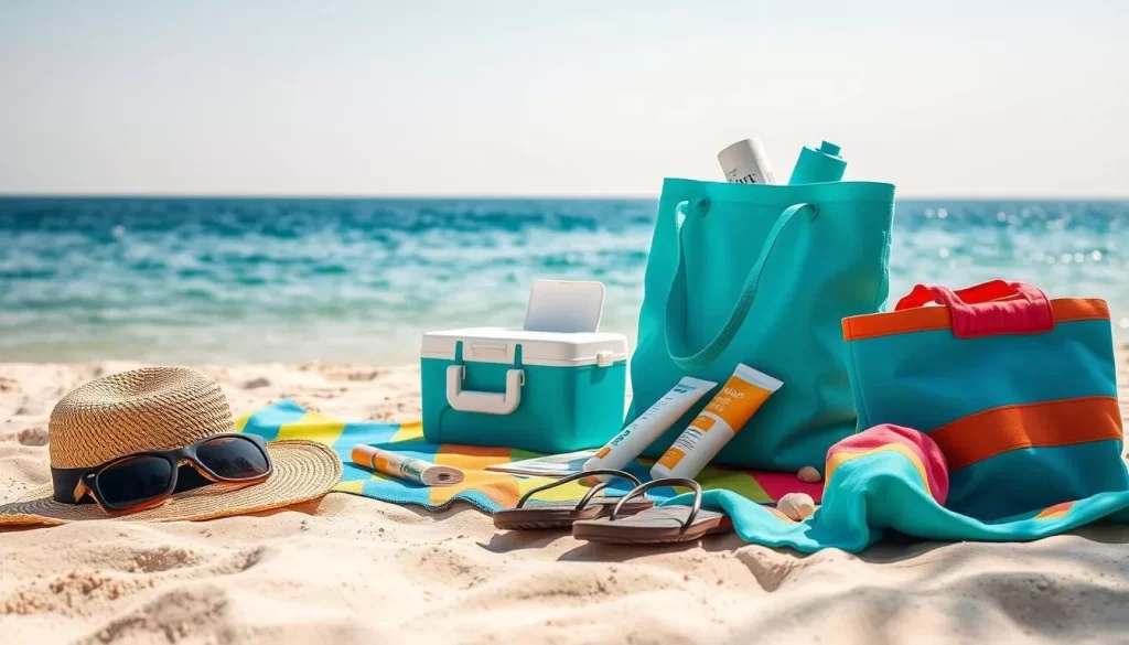 A sun-drenched beach scene, with a neatly organized collection of vacation essentials laid out on a soft, sandy surface. In the foreground, a straw hat, sunglasses, and a vibrant beach towel create a colorful focal point. Nearby, a small cooler, a tube of sunscreen, and a pair of flip-flops suggest a day of relaxation and leisure. In the middle ground, a turquoise beach bag stands upright, its contents spilling out to reveal a book, a water bottle, and a few seashells. In the distance, the gently lapping waves of a calm, azure sea meet the horizon, creating a serene and inviting atmosphere. The overall scene evokes a sense of carefree, summertime bliss, perfect for an unforgettable visit to Beydağları Sahil Milli Parkı.