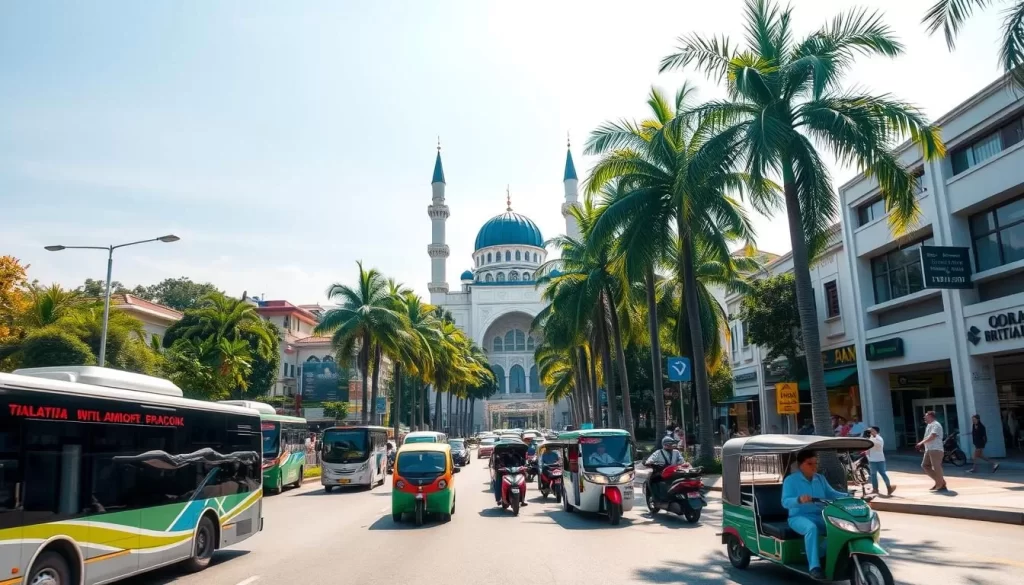 A sun-drenched, bustling street in Shah Alam, Malaysia's thriving Garden City. In the foreground, a diverse array of modern public transportation - sleek buses, colorful tuk-tuks, and gleaming motorbikes - navigate the well-maintained roads. Lush, towering palm trees line the sidewalks, casting gentle shadows over the bustling pedestrians. In the middle ground, charming shophouses and office buildings reflect the city's harmonious blend of traditional and contemporary architecture. The background features the iconic Masjid Sultan Salahuddin Abdul Aziz Shah, its magnificent blue dome shimmering under the warm, golden light of a picture-perfect day. An inviting, vibrant scene that captures the essence of Shah Alam's dynamic, eco-friendly urban landscape.