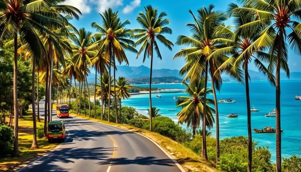 A sun-drenched coastal road winding through lush palm groves, leading to the vibrant seaside town of Malindi. In the foreground, a well-maintained tarmac highway with colorful local buses and vehicles navigating the scenic route. Towering coconut trees line the sides, casting dappled shadows on the road. In the middle ground, a glimpse of the sparkling turquoise waters of the Indian Ocean, dotted with traditional fishing dhows. The background features the rugged Kenyan coastline, with rolling hills and distant mountains creating a breathtaking backdrop. The overall atmosphere is one of tropical paradise, inviting the viewer to embark on a journey to the enchanting destination of Malindi.