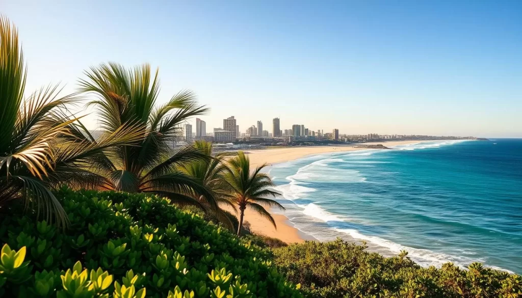 A sun-drenched coastal scene in East London, South Africa, with a gentle breeze rustling through palm trees. Vibrant greens of lush vegetation in the foreground, leading to a pristine beach with soft golden sand and azure blue waters in the middle ground. In the background, a skyline of modern architecture and high-rises, bathed in warm, golden light. The atmosphere is serene and inviting, conveying the ideal conditions for a pleasant visit to this coastal city. Captured with a wide-angle lens to emphasize the expansive, picturesque setting.