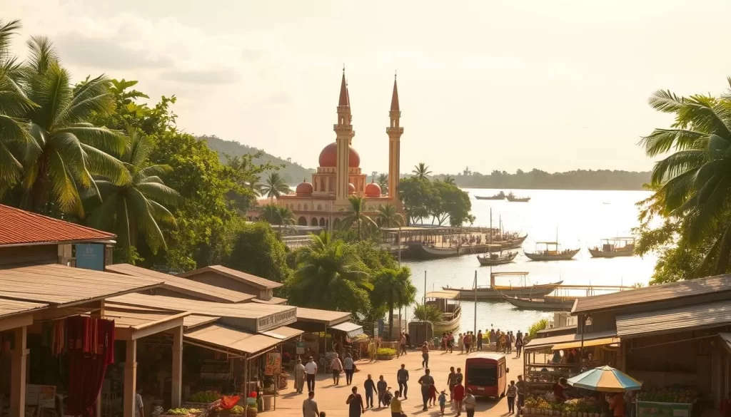 A sun-drenched coastal town nestled along the tranquil shores of the South China Sea, Kuala Terengganu presents a captivating blend of traditional Malay architecture and vibrant modern life. In the foreground, a bustling local market overflows with colorful produce, handcrafted textiles, and the lively chatter of friendly vendors. Towering in the middle ground, the iconic ochre-hued domes of the state mosque stand as a testament to the region's rich Islamic heritage. In the distance, lush tropical foliage frames the glistening waterfront, where traditional wooden boats sway gently in the breeze, inviting visitors to explore the serene mangrove-lined canals. The warm, golden light casts a gentle glow over the entire scene, evoking a sense of timeless charm and inviting exploration of this captivating Malaysian destination.