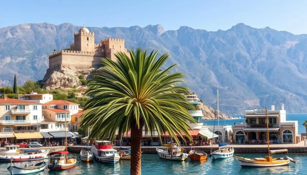 A sun-drenched coastal town nestled along the turquoise waters of the Mediterranean. Alanya's ancient castle perches atop a dramatic rocky peninsula, its crimson-hued towers casting long shadows over the bustling harbor below. In the foreground, traditional fishing boats bob gently, their colorful hulls reflecting in the calm sea. Palm trees sway in the gentle breeze, adding a tropical ambiance to the scene. The middle ground features a lively promenade lined with charming cafes and boutiques, their white-washed facades adorned with bougainvillea. The background is dominated by the towering Taurus Mountains, their rugged peaks casting a majestic backdrop to this enchanting Turkish coastal gem.