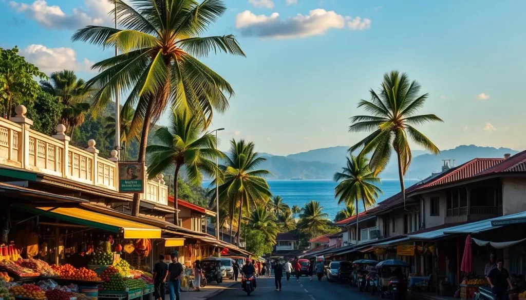 A sun-drenched coastal town nestled between lush hills and the sparkling Sulawesi Sea. In the foreground, a bustling market filled with colorful stalls selling fresh produce, fragrant spices, and handcrafted local wares. In the middle ground, colonial-era shophouses and towering palm trees line the streets, their shadows dancing across the pavement. In the background, the silhouettes of distant mountains rise up, creating a picturesque backdrop. Soft, warm lighting illuminates the scene, casting a golden glow over the vibrant, thriving community. Capture the essence of this hidden gem, where the sights, sounds, and flavors of Malaysia come together in perfect harmony.