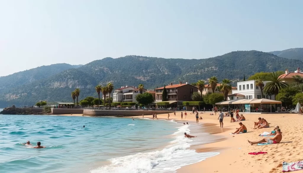 A sun-drenched day on the Black Sea coast of Turkey, with gentle waves lapping against golden sand beaches. In the foreground, a group of people relaxing on colorful beach towels, some swimming in the serene turquoise waters. In the middle ground, a picturesque promenade lined with swaying palm trees and quaint beachside cafes. In the distance, the rugged, forested hills of the Black Sea region provide a stunning natural backdrop. Capture the tranquil atmosphere with soft, natural lighting and a wide-angle lens, showcasing the beauty and charm of this idyllic Mediterranean setting.