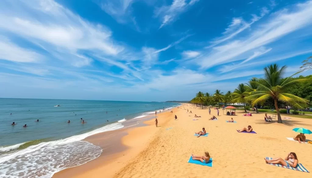 A sun-drenched, golden beach in Gangwon Province, South Korea. Waves gently lapping the shore, with swimmers and beachgoers enjoying the warm waters. In the foreground, people sunbathing on colorful towels, building sandcastles, and playing beach sports like volleyball. Further back, families picnicking under the shade of swaying palm trees. The sky is a brilliant blue, with wispy clouds drifting overhead, captured by a wide-angle lens to convey the expansive, relaxed atmosphere of a summer day at the beach.
