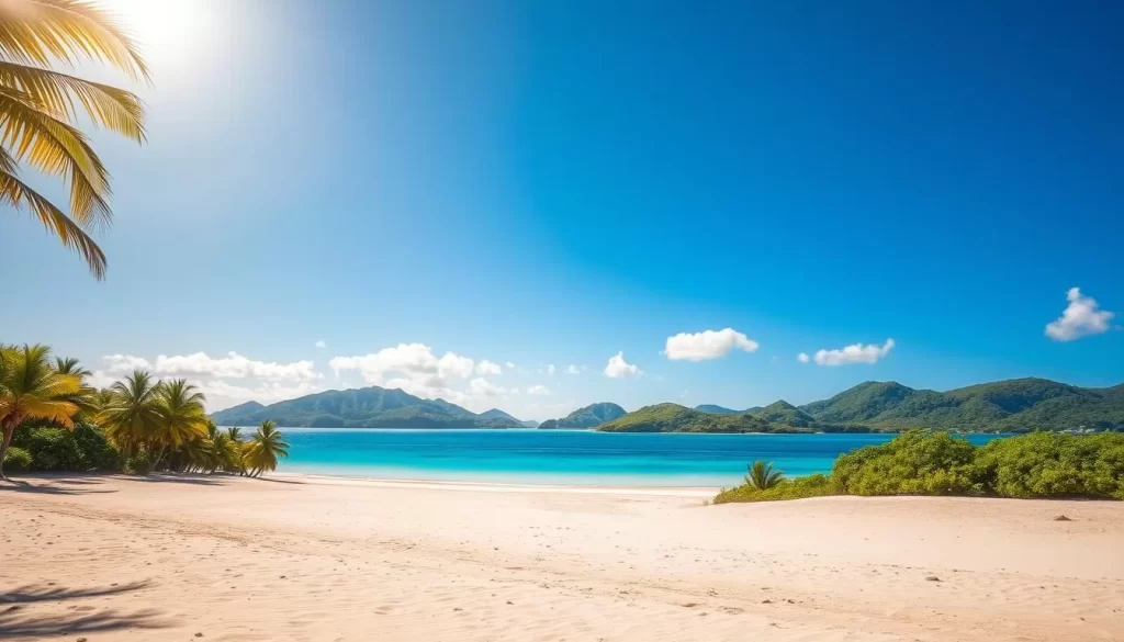 A sun-drenched landscape in Kiribati, where the dry season casts a warm, golden glow over the island. In the foreground, a sandy beach dotted with swaying palm trees; in the middle, a vibrant turquoise lagoon reflecting the cloudless sky; and in the background, rolling hills covered in lush, verdant vegetation. Capture the tranquil atmosphere with soft, diffused lighting and a wide-angle lens, conveying the serene and peaceful ambiance of this tropical paradise during the dry months.