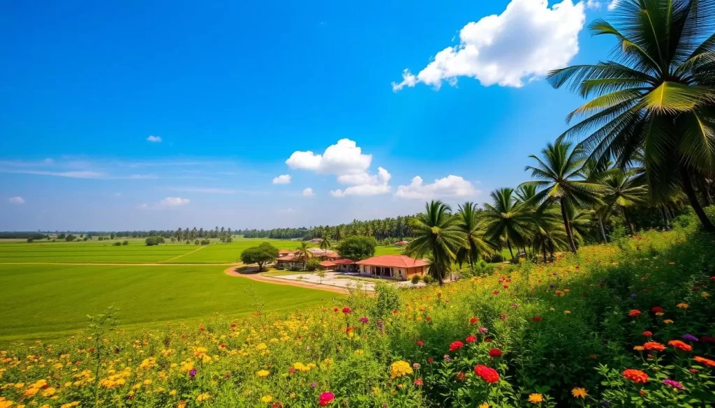 A sun-drenched landscape in Madhya Pradesh, India during the summer season. Lush, verdant fields stretch out towards the horizon, dotted with vibrant wildflowers in hues of yellow, purple, and scarlet. In the middle ground, a small village nestled amidst swaying palm trees, its terracotta-tiled roofs glowing warmly under the intense sunlight. The clear, azure sky is punctuated by the occasional fluffy white cloud, casting gentle shadows across the scene. A gentle breeze rustles the leaves, creating a serene and tranquil atmosphere. The image is captured through a wide-angle lens, providing a panoramic view that showcases the region's natural beauty and abundant seasonal foliage.