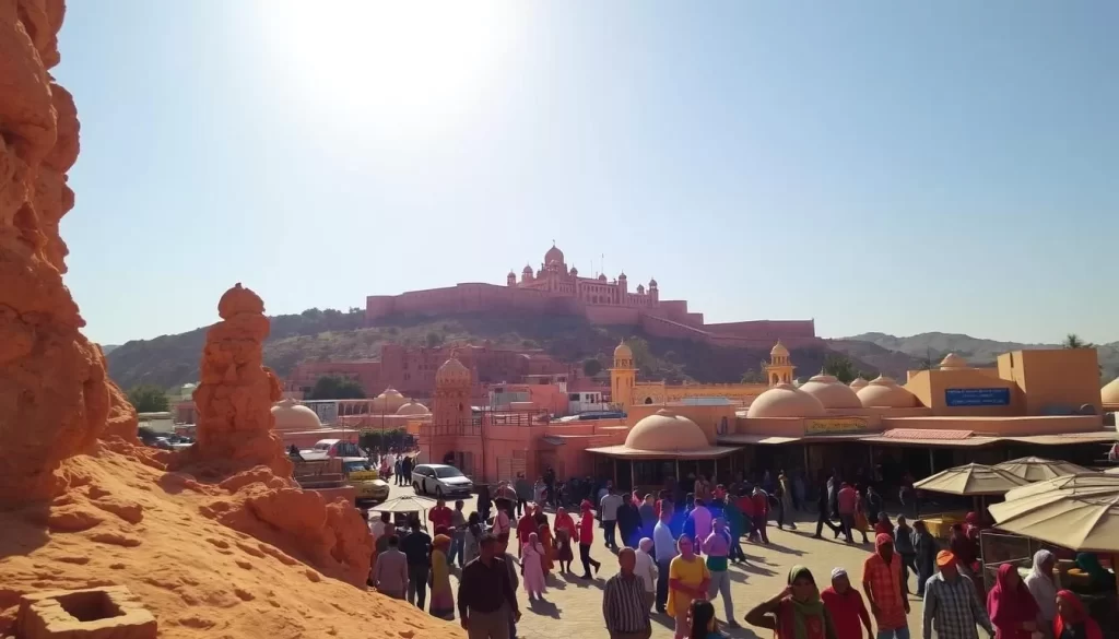 A sun-drenched landscape in Rajasthan, India, showcasing the region's diverse climate. In the foreground, a vibrant desert scene with towering ochre-hued sandstone formations, accented by the warm, golden light. In the middle ground, a bustling market square with colorfully dressed locals, their animated interactions captured in a lively, bustling atmosphere. In the background, a majestic palace or fort rises, its intricate architecture and regal silhouette against a clear, azure sky. The overall scene radiates a sense of cultural richness, natural beauty, and the unique blend of arid and arid climates that define Rajasthan's weather patterns.