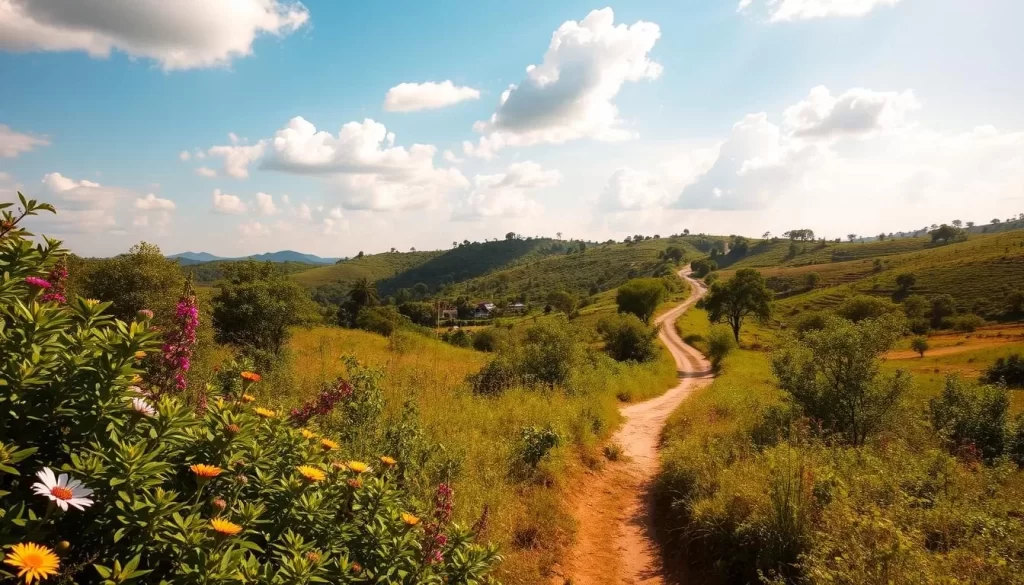 A sun-drenched landscape in Telangana, India during the warm summer months. Lush green foliage and vibrant wildflowers adorn the foreground, with a winding dirt path leading the eye towards a quaint village in the middle distance. Fluffy cumulus clouds dot the bright blue sky, casting gentle shadows over the rolling hills in the background. The warm, golden sunshine bathes the scene in a soft, inviting glow, creating a serene and peaceful atmosphere perfect for a weather-savvy summer adventure.