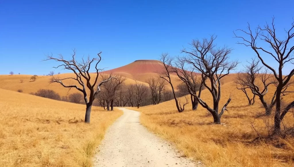 A sun-drenched landscape in Timor-Leste during the dry season. Rolling hills covered in parched golden grass under a cloudless azure sky. In the foreground, a winding dirt path leads through a sparse forest of gnarled, leafless trees. A warm, gentle breeze rustles the branches, casting soft shadows on the ground. In the distance, a solitary hill rises above the horizon, its slopes baked by the relentless sun. The overall mood is one of serene tranquility, a landscape in a state of dormant stillness awaiting the rejuvenating rains of the wet season.