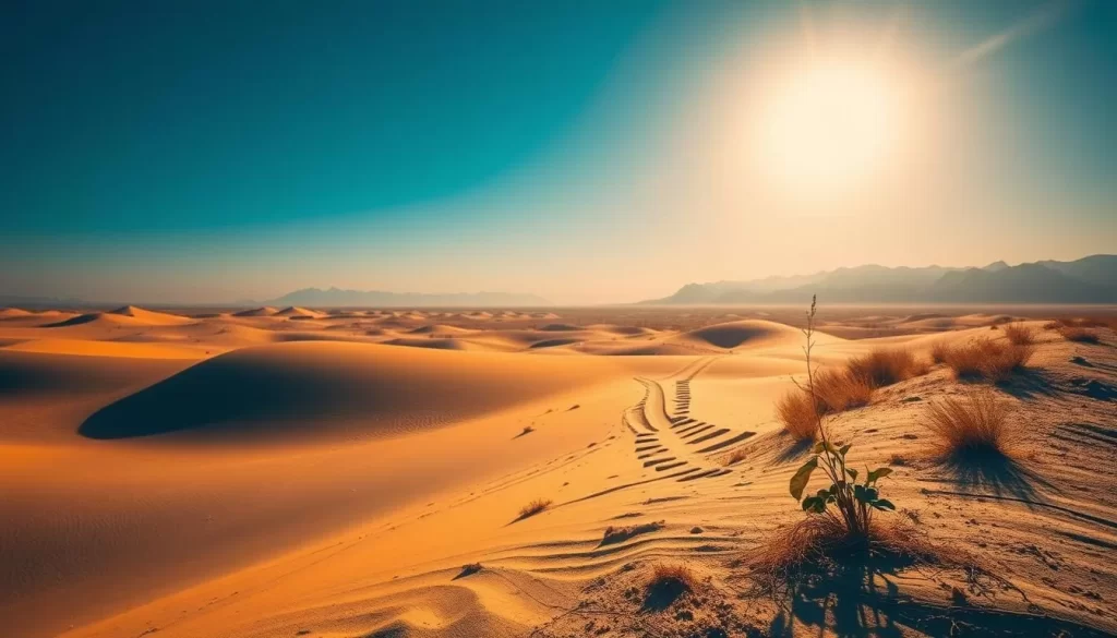 A sun-drenched landscape in Turkmenistan, the heat of summer radiating through the air. Vast expanses of golden sand dunes stretch out before a cloudless azure sky, shimmering in the intense light. In the foreground, a lone desert plant clings to life, its hardy leaves casting delicate shadows. In the middle ground, a winding dirt path leads the eye towards distant mountains, their jagged peaks hazy in the haze. The scene is bathed in a warm, golden glow, the light filtered through the atmosphere to create a sense of timelessness and tranquility. Capture the essence of Turkmenistan's summer heat with this evocative and atmospheric image. A sun-drenched landscape in Turkmenistan, the heat of summer radiating through the air. Vast expanses of golden sand dunes stretch out before a cloudless azure sky, shimmering in the intense light. In the foreground, a lone desert plant clings to life, its hardy leaves casting delicate shadows. In the middle ground, a winding dirt path leads the eye towards distant mountains, their jagged peaks hazy in the haze. The scene is bathed in a warm, golden glow, the light filtered through the atmosphere to create a sense of timelessness and tranquility. Capture the essence of Turkmenistan's summer heat with this evocative and atmospheric image.