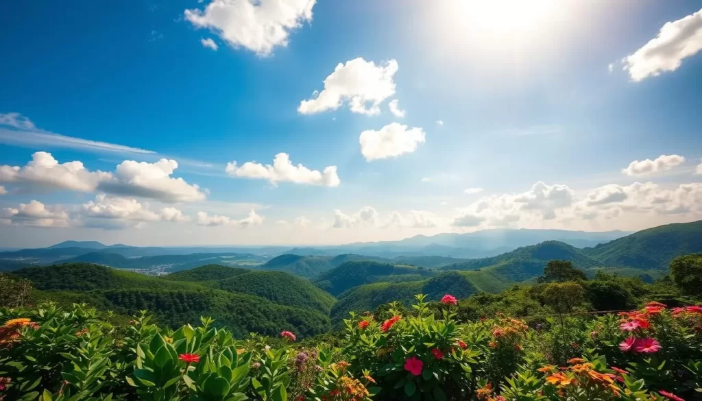 A sun-drenched landscape in Yilan County, Taiwan, during the summer months. Lush green foliage and vibrant flowers adorn the foreground, while in the middle ground, rolling hills and distant mountains create a serene backdrop. The sky is a brilliant blue, with fluffy white clouds drifting lazily overhead, casting gentle shadows on the verdant terrain below. Warm, golden sunlight bathes the scene, creating a sense of tranquility and natural beauty. The mood is one of relaxation and enjoyment, perfect for a weather-savvy trip to this picturesque region during the summer typhoon season.