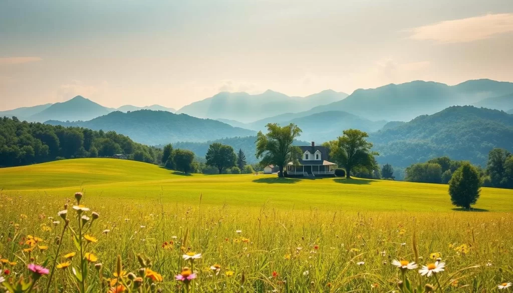 A sun-drenched landscape of rolling hills and lush greenery, basking in the warm glow of a Tennessee afternoon. In the foreground, a vibrant meadow bursting with wildflowers sways gently in a light breeze. Nestled in the middle ground, a picturesque farmhouse with a wraparound porch, surrounded by towering oak trees. In the distance, the hazy silhouettes of the Great Smoky Mountains rise majestically, their peaks touched by wispy clouds. Soft, golden light filters through the scene, creating a sense of tranquility and natural harmony. The overall atmosphere evokes the beauty and serenity of Tennessee's year-round climate, inviting the viewer to explore and savor the region's great outdoor wonders.
